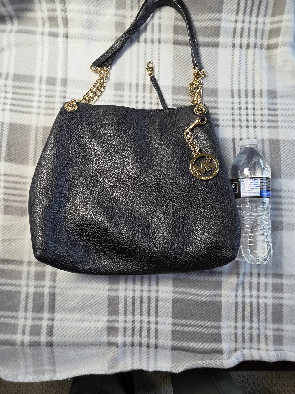 Michael Kors Black Pebbled Leather Shoulder Bag with Gold Accents